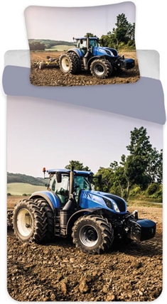 Traktor junior sengetøj 100x140 cm - sengesæt med blå traktor - 2 i 1 design - 100% bomuld